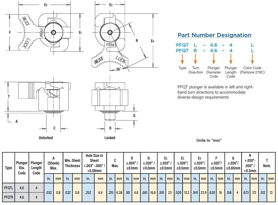 Mechanical Drawing - PEM PFQT™ Quarter-Turn Lockable Plungers